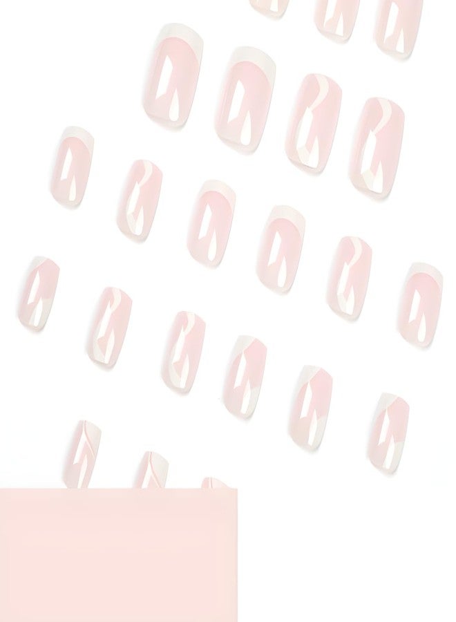 SPLOCUDU 24Pcs Pink French Press on Nails Short Square White Line Fake Nails Nude False Nails with White Swirl Design Artificial Glossy Nails Acrylic Full Cover Glue on Nails for Women - Image 4