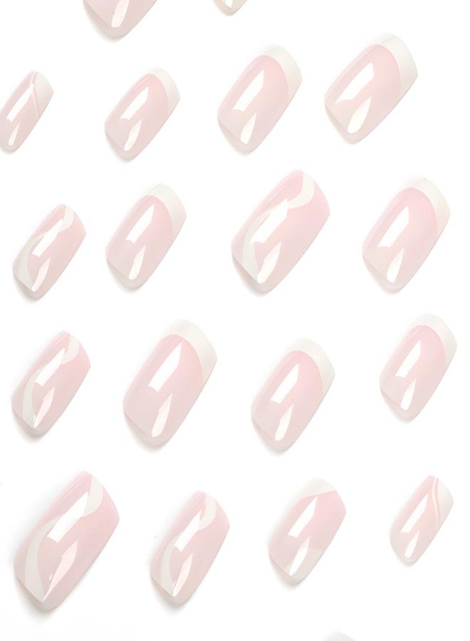 SPLOCUDU 24Pcs Pink French Press on Nails Short Square White Line Fake Nails Nude False Nails with White Swirl Design Artificial Glossy Nails Acrylic Full Cover Glue on Nails for Women - Image 3