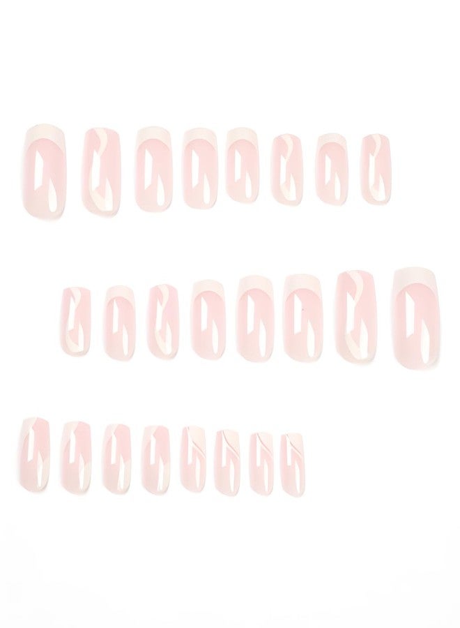 SPLOCUDU 24Pcs Pink French Press on Nails Short Square White Line Fake Nails Nude False Nails with White Swirl Design Artificial Glossy Nails Acrylic Full Cover Glue on Nails for Women - Image 2