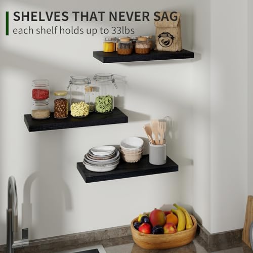 Marsmiles Wood Floating Shelves for Wall Set of 3, 17 Inch Wide Rustic Wooden Floating Shelves, Invisible Wall Mounted Display for Living Room Bedroom Kitchen Bathroom Office, Black - Image 5