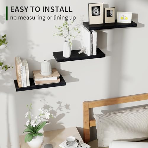 Marsmiles Wood Floating Shelves for Wall Set of 3, 17 Inch Wide Rustic Wooden Floating Shelves, Invisible Wall Mounted Display for Living Room Bedroom Kitchen Bathroom Office, Black - Image 4