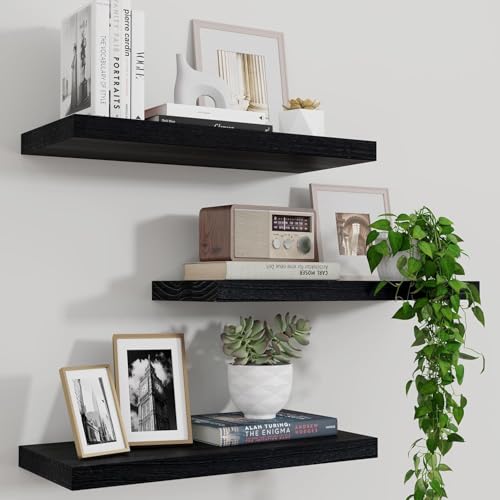 Marsmiles Wood Floating Shelves for Wall Set of 3, 17 Inch Wide Rustic Wooden Floating Shelves, Invisible Wall Mounted Display for Living Room Bedroom Kitchen Bathroom Office, Black - Image 1
