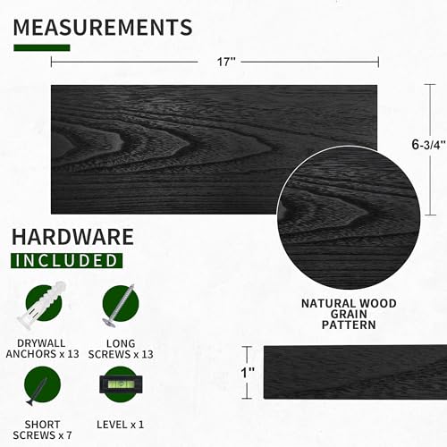 Marsmiles Wood Floating Shelves for Wall Set of 3, 17 Inch Wide Rustic Wooden Floating Shelves, Invisible Wall Mounted Display for Living Room Bedroom Kitchen Bathroom Office, Black - Image 3