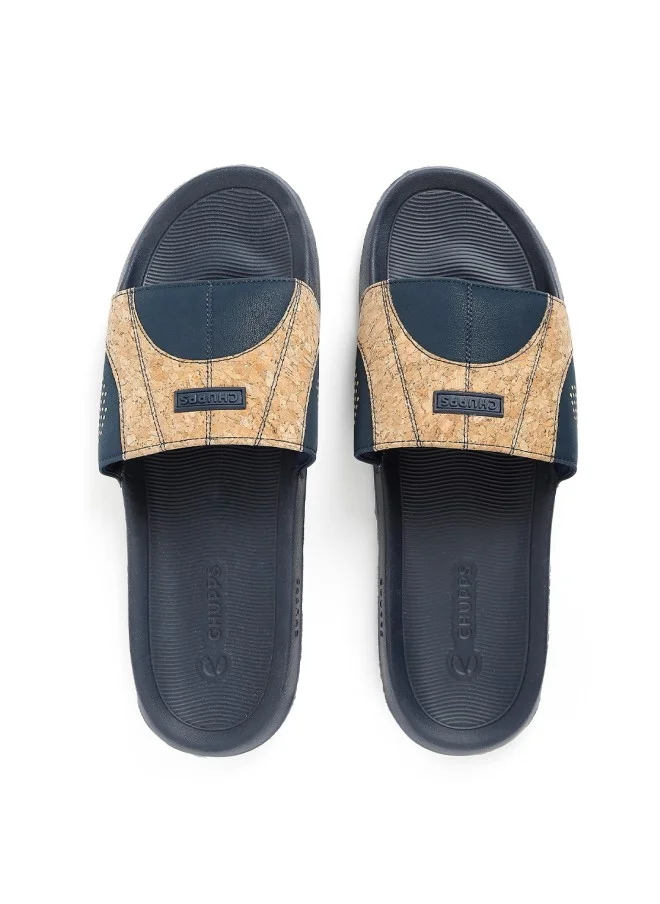 CHUPPS Navy Blue and Beige Sliders for Men