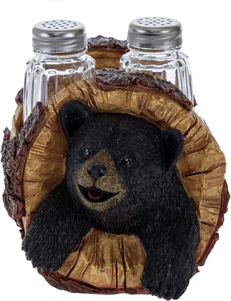Pine Ridge Black Bear Salt and Pepper Shakers - Blackbear in a Log Spices and Seasonings Set Table Decor - Glass Salt and Pepper Shakers Rustic Wilderness Home Decor - Salt and Pepper Table Set - Image 1
