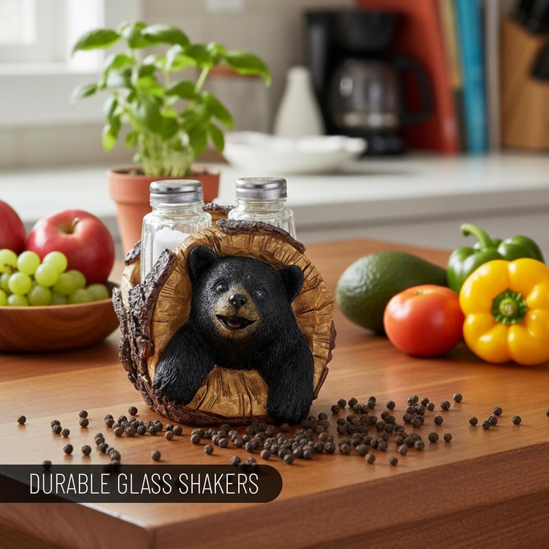 Pine Ridge Black Bear Salt and Pepper Shakers - Blackbear in a Log Spices and Seasonings Set Table Decor - Glass Salt and Pepper Shakers Rustic Wilderness Home Decor - Salt and Pepper Table Set - Image 4