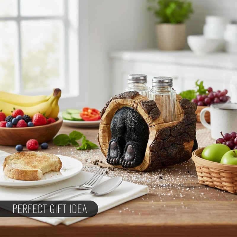 Pine Ridge Black Bear Salt and Pepper Shakers - Blackbear in a Log Spices and Seasonings Set Table Decor - Glass Salt and Pepper Shakers Rustic Wilderness Home Decor - Salt and Pepper Table Set - Image 5