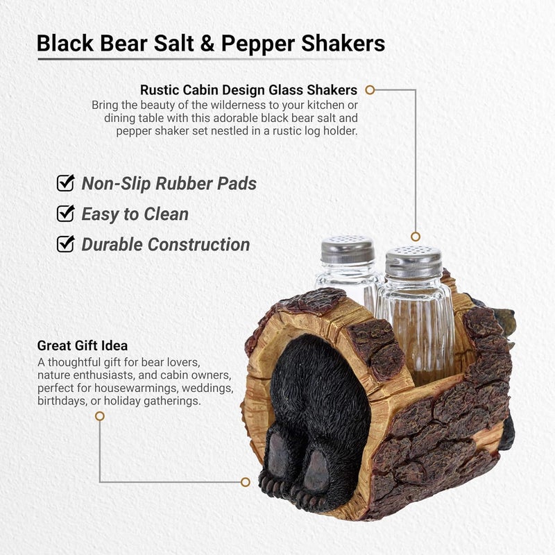 Pine Ridge Black Bear Salt and Pepper Shakers - Blackbear in a Log Spices and Seasonings Set Table Decor - Glass Salt and Pepper Shakers Rustic Wilderness Home Decor - Salt and Pepper Table Set - Image 3