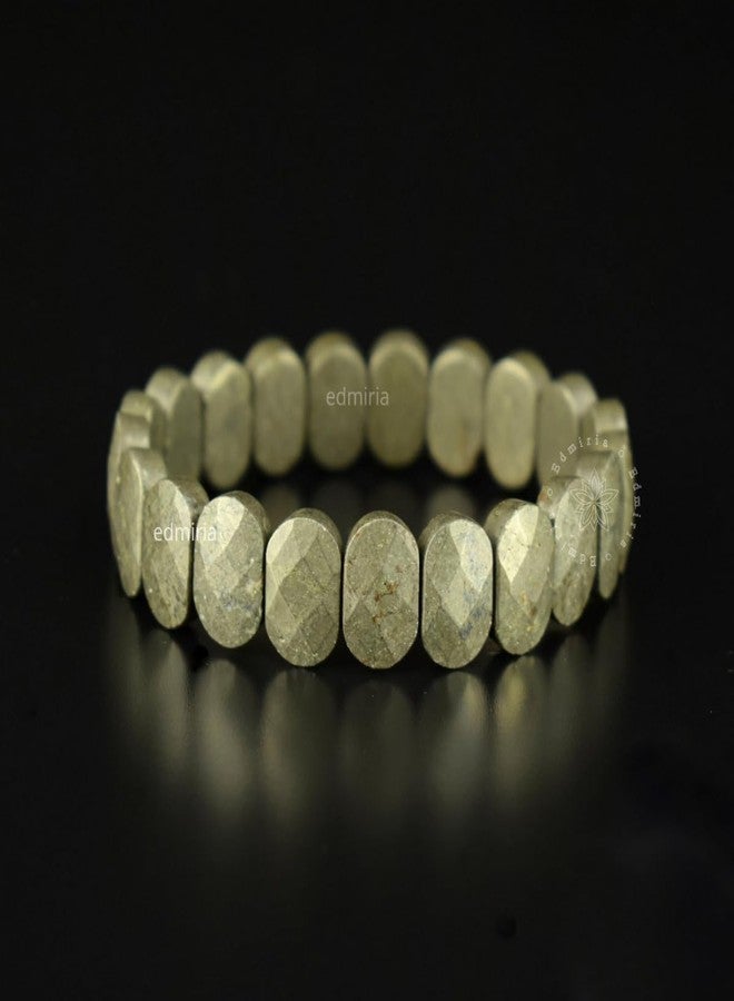 EDMIRIA Natural Pyrite Real Bracelet Reiki Healing Crystal 10 mm Flat Bead Faceted Cut Stone Bracelets for Good Luck, Love, Abundance & Meditation for Mens & Women (Oval Design) - Image 5