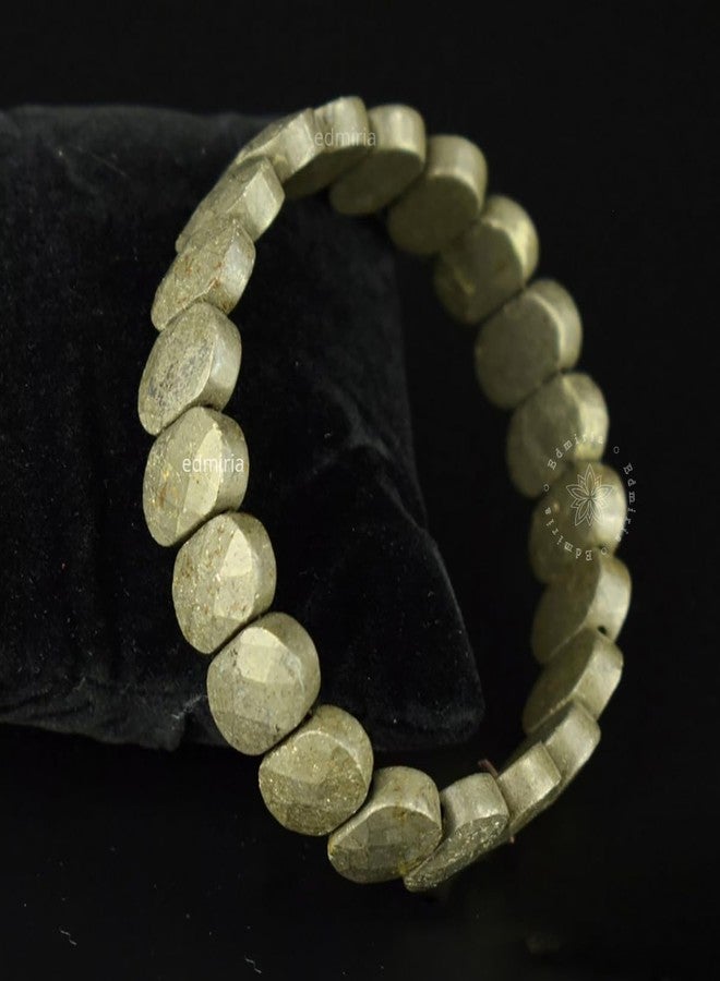 EDMIRIA Natural Pyrite Real Bracelet Reiki Healing Crystal 10 mm Flat Bead Faceted Cut Stone Bracelets for Good Luck, Love, Abundance & Meditation for Mens & Women (Oval Design) - Image 4