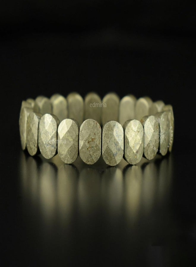 EDMIRIA Natural Pyrite Real Bracelet Reiki Healing Crystal 10 mm Flat Bead Faceted Cut Stone Bracelets for Good Luck, Love, Abundance & Meditation for Mens & Women (Oval Design) - Image 2