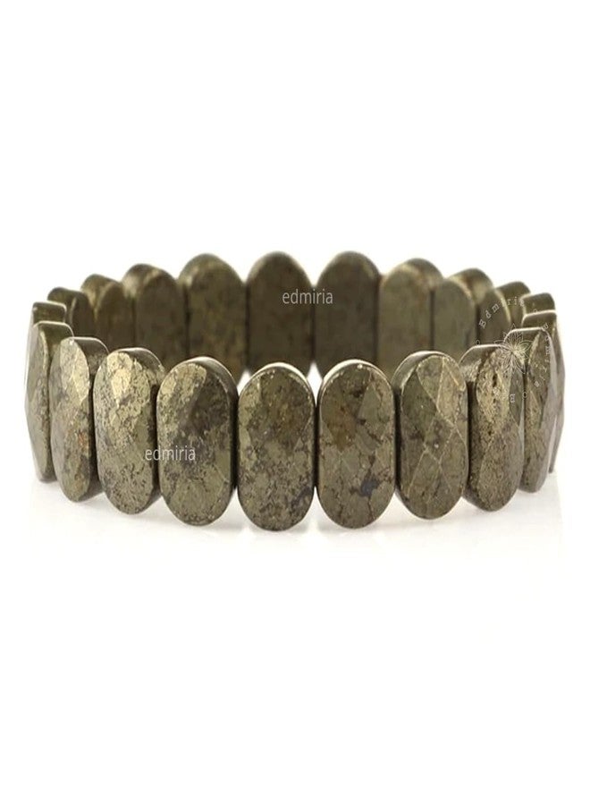 EDMIRIA Natural Pyrite Real Bracelet Reiki Healing Crystal 10 mm Flat Bead Faceted Cut Stone Bracelets for Good Luck, Love, Abundance & Meditation for Mens & Women (Oval Design) - Image 1