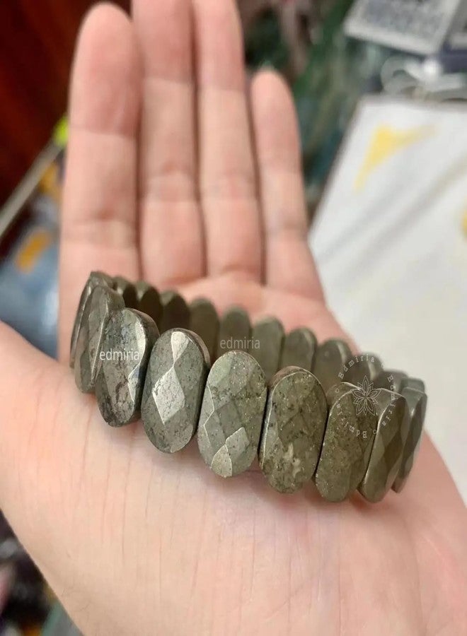 EDMIRIA Natural Pyrite Real Bracelet Reiki Healing Crystal 10 mm Flat Bead Faceted Cut Stone Bracelets for Good Luck, Love, Abundance & Meditation for Mens & Women (Oval Design) - Image 3