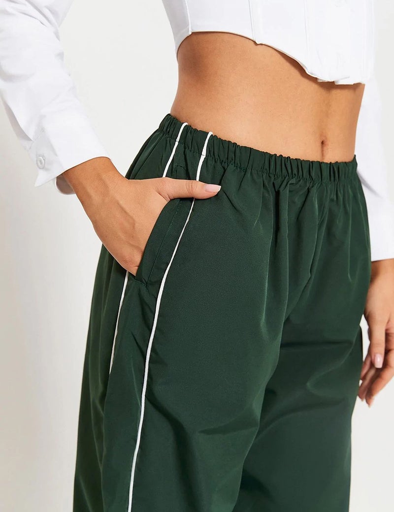 Springrain Womens Wide Leg Track Pants Slouchy Stripe Detail Jogger Sweatpants with Pockets(ArmyGreen-M) - Image 2