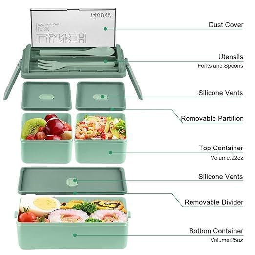 MOGAL LIFE MOGAL LIFE Plastic Lunch Box Comes with 3 Detachable Box 2 Spoons Stylish Lid BPA Free Air TightEasy to Carry in Backpack Ideal for Office School Oudoor Double Decker  - Image 2