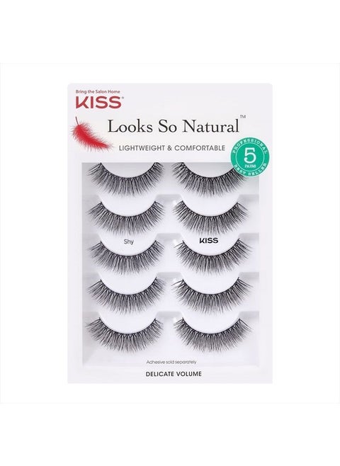 Looks So Natural False Eyelashes Multipack, Lightweight & Comfortable, Tapered End Technology, Reusable, Cruelty-Free, Contact Lens Friendly, Style 'Shy', 5 Pairs Fake Eyelashes
