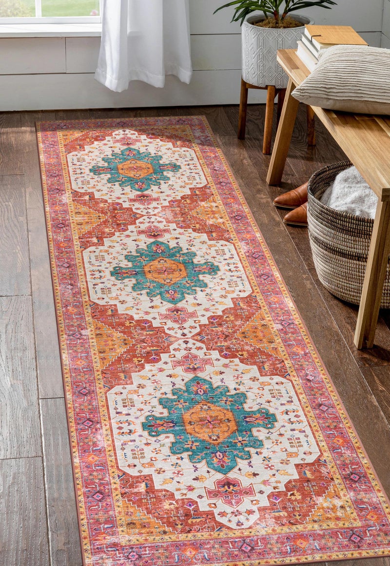 Moynesa UltraThin Washable Pink Runner Rug 2x6 Washable Long Hallway Rug Runner Kitchen Mat Oriental Medallion Laundry Room Carpet Runner for Powder Dressing Room Cabinet Bedside Bathroom