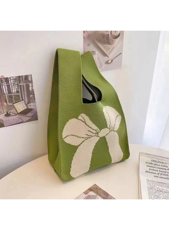 South Korea Ins Knitted Bag Girl's Vesel Bag Small Square Bag Year Knitted Bag Hand Bag Knitted Bag Crossbody-Color:Handbag Bow [green Rice] - Image 1