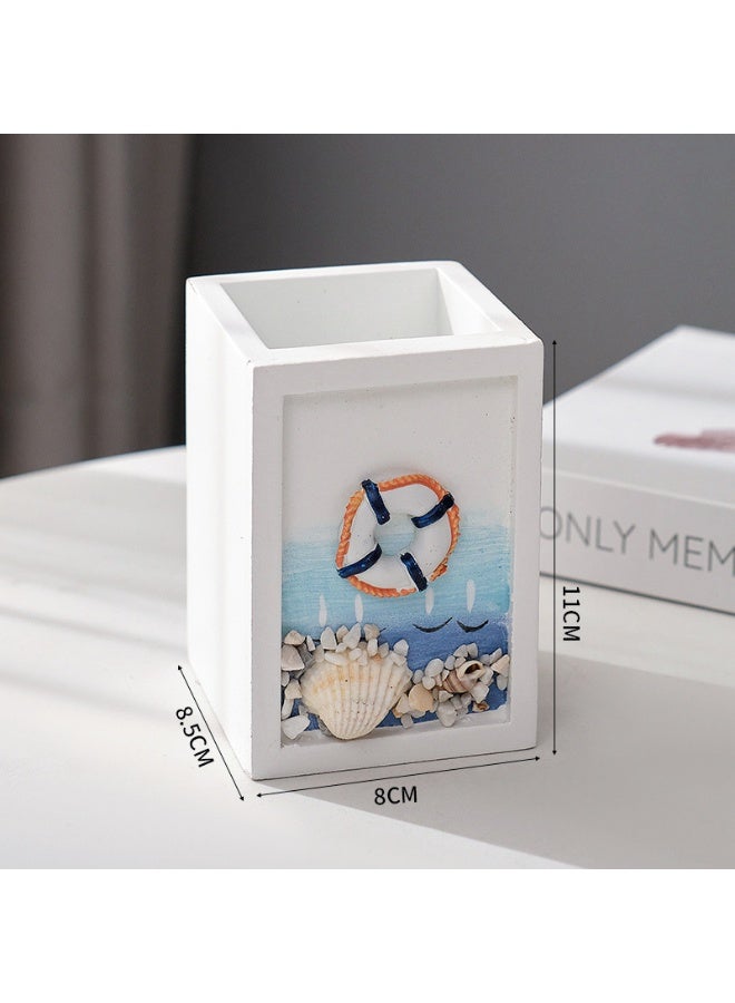 YINZUO Nautical Wooden Pen Holder – Beach Theme Desk Organizer with Sailboat/Anchor/Lifebuoy/Helm Designs – Decorative Office & Home Stationery Holder - Image 3