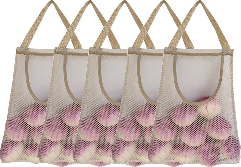 SHUYUE 5 Pack Hanging Mesh Storage Bags for Potatoes, Onions, Garlic - Long and Large Reusable Net Produce Bags for Kitchen and Grocery (Top Opening Beige) - Image 1
