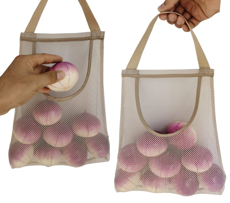 SHUYUE 5 Pack Hanging Mesh Storage Bags for Potatoes, Onions, Garlic - Long and Large Reusable Net Produce Bags for Kitchen and Grocery (Top Opening Beige) - Image 3