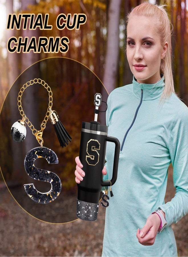 Mity rain 6PCS Cup Accessories Set for Stanley Cup 30oz 40oz tumbler with handle, Black Accessories Including Straw Topper, Boot, Spill Proof Stopper, Handle Charm, Initials Sticker(Letter S) - Image 2