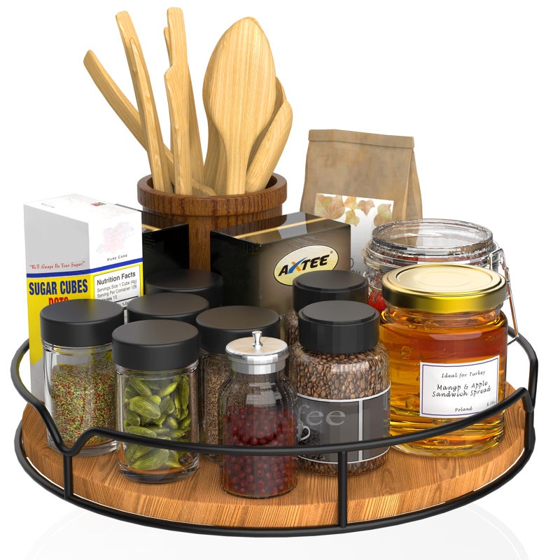 AXTEE Lazy Susan Turntable Organizer for Cabinet Pantry Kitchen Countertop Refrigerator Cupboard, Pine Wood, 9", Carbonized Black - Image 1