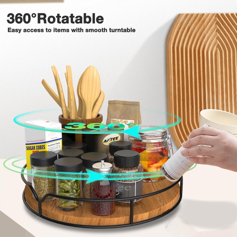 AXTEE Lazy Susan Turntable Organizer for Cabinet Pantry Kitchen Countertop Refrigerator Cupboard, Pine Wood, 9", Carbonized Black - Image 2