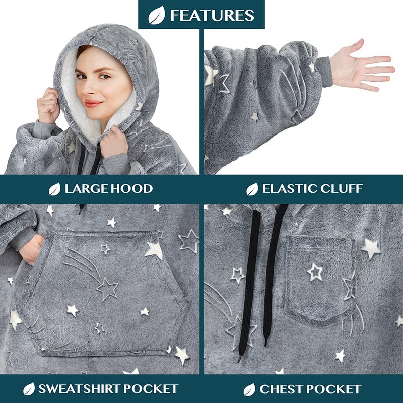 PAVILIA PAVILIA Blanket Hoodie for Women Grey  Sherpa Wearable Blanket Men  Cozy Oversized Sweatshirt Blanket  Warm Fleece Hooded Blanket Sweater with Sleeves and Giant Pocket  Glow in The dark - Star Gray - Image 3