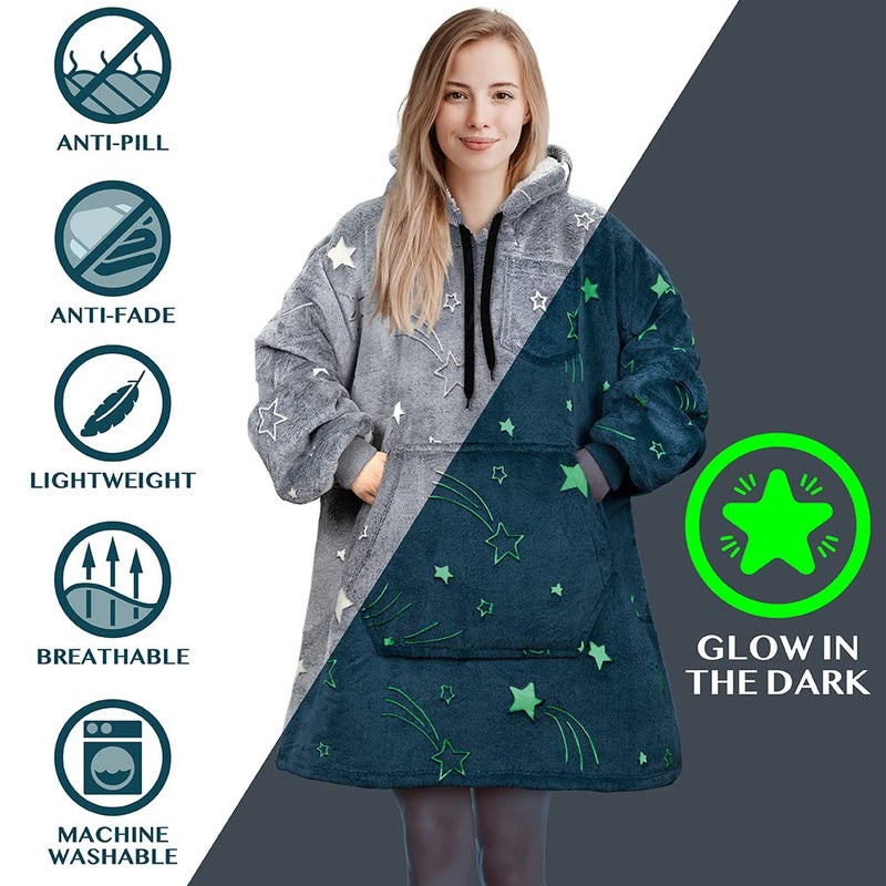 PAVILIA PAVILIA Blanket Hoodie for Women Grey  Sherpa Wearable Blanket Men  Cozy Oversized Sweatshirt Blanket  Warm Fleece Hooded Blanket Sweater with Sleeves and Giant Pocket  Glow in The dark - Star Gray - Image 2