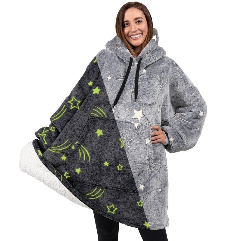 PAVILIA PAVILIA Blanket Hoodie for Women Grey  Sherpa Wearable Blanket Men  Cozy Oversized Sweatshirt Blanket  Warm Fleece Hooded Blanket Sweater with Sleeves and Giant Pocket  Glow in The dark - Star Gray - Image 1