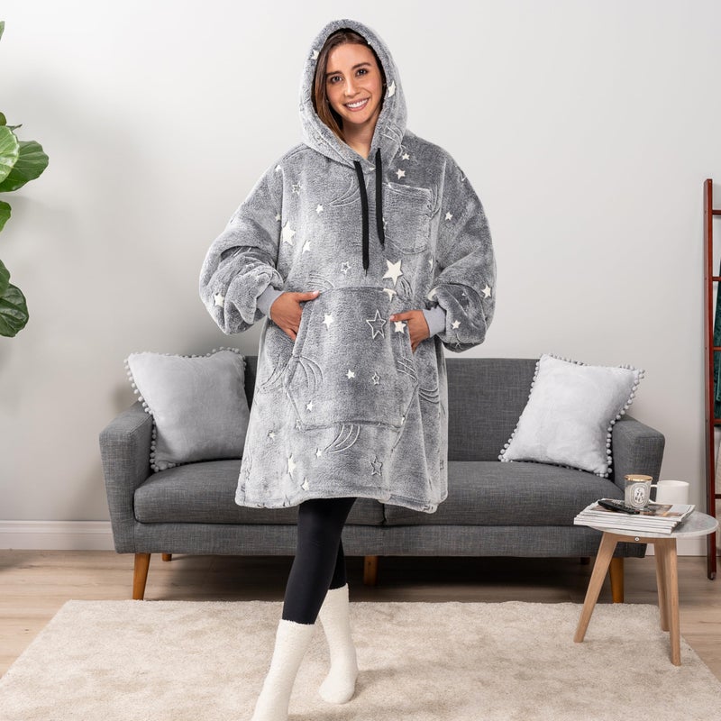 PAVILIA PAVILIA Blanket Hoodie for Women Grey  Sherpa Wearable Blanket Men  Cozy Oversized Sweatshirt Blanket  Warm Fleece Hooded Blanket Sweater with Sleeves and Giant Pocket  Glow in The dark - Star Gray - Image 5