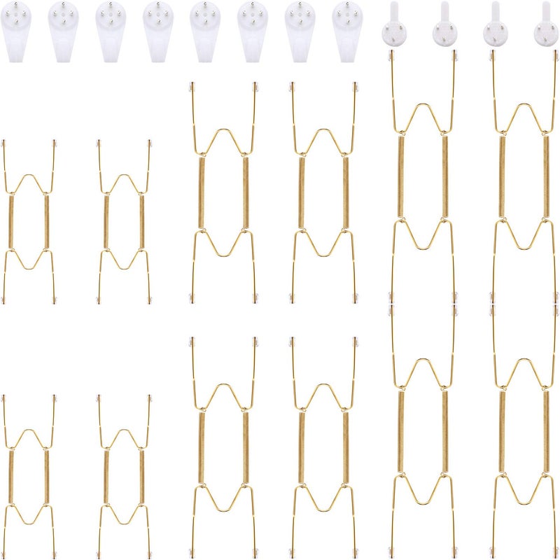 Hotop 12 Pieces Plate Hangers for Wall Stainless Steel Wire Invisible Plate Hangers Heavy Duty Display Holders with 12 Pieces Hooks for Wall Decorative(Gold,6/8/10 Inch) - Image 1