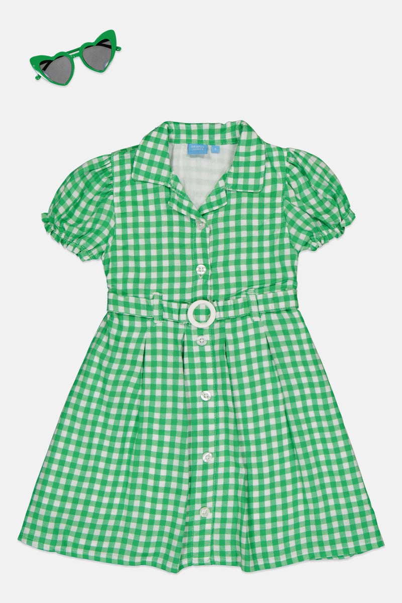 Draper James Toddlers Girl Checkered Short Sleeve Dress With Sunglasses, Green - Image 2