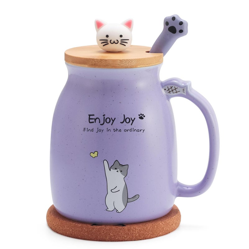 Feify Cute Cat Cup Ceramic Coffee Mug with Kawaii Cat Wooden Lid Lovely Stainless Steel Spoon Anime Kitty Thicken Wooden Coaster Christmas Birthday Cute Thing Japanese Mug 16oz Purple