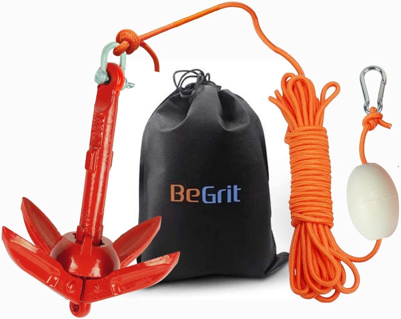 BeGrit مرساة قارب صغيرة مرساة قابلة للطي مرساة بحرية للصيد، كاياك، لوح التجديف، قارب الكانو، جت سكي، مع حبل سحب بطول 32.8 قدم وحقيبة حمل - Image 1