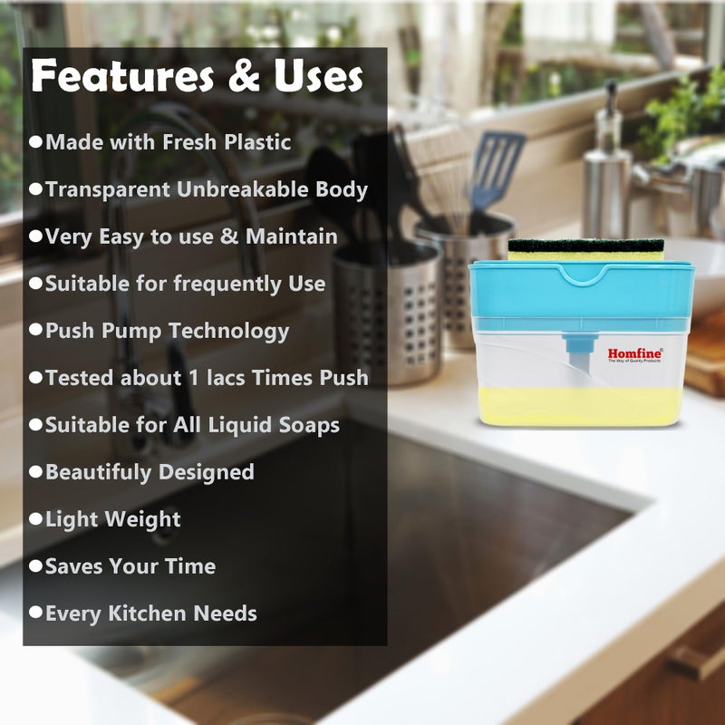 Homfine 2 in 1 Kitchen Liquid Soap Dispenser for Kitchen Sink Accessories Dishwasher Liquid Dispenser Pump 400 ML with Sponge Holder (Multi-Color, 1Pc) - Image 2