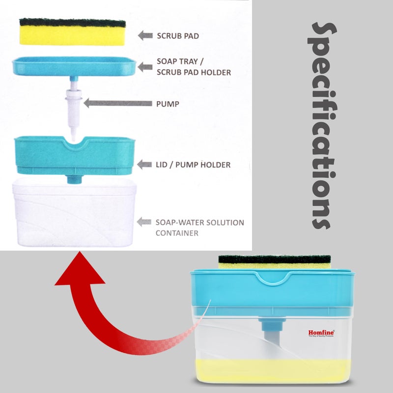 Homfine 2 in 1 Kitchen Liquid Soap Dispenser for Kitchen Sink Accessories Dishwasher Liquid Dispenser Pump 400 ML with Sponge Holder (Multi-Color, 1Pc) - Image 4