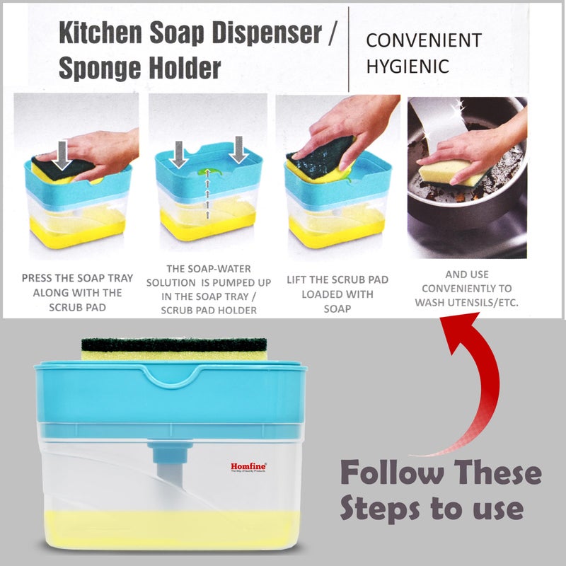 Homfine 2 in 1 Kitchen Liquid Soap Dispenser for Kitchen Sink Accessories Dishwasher Liquid Dispenser Pump 400 ML with Sponge Holder (Multi-Color, 1Pc) - Image 3