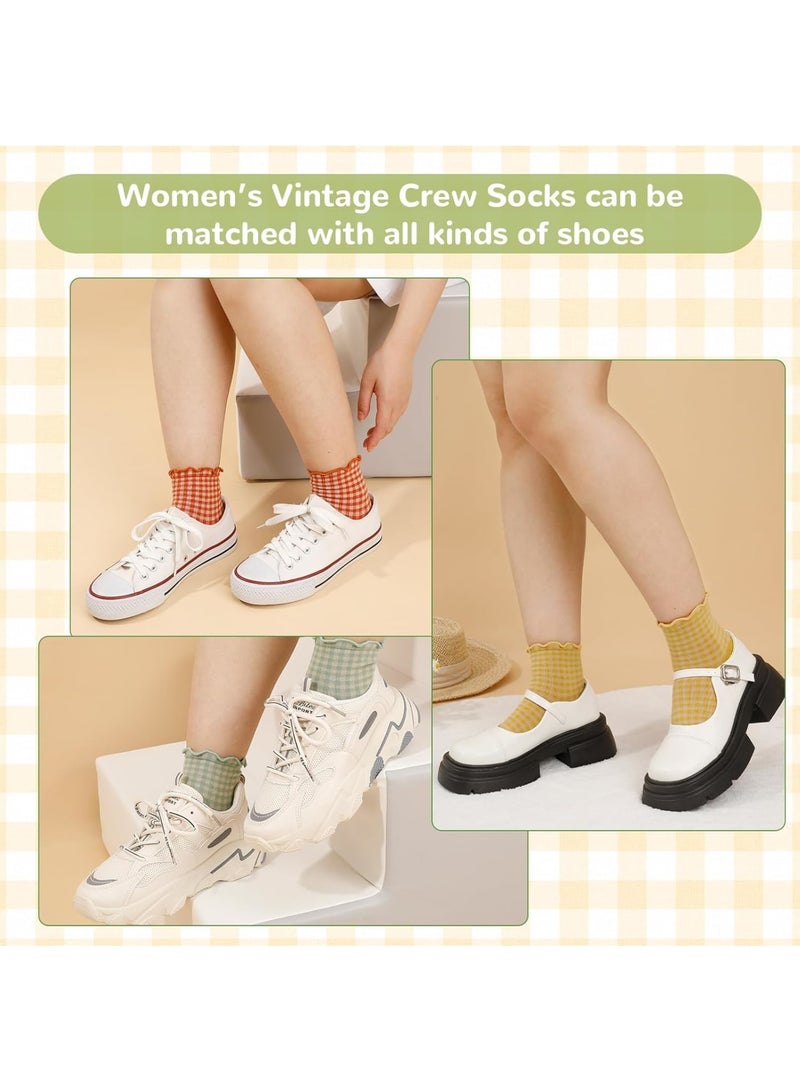 SOLARAE Women's Ruffle Socks, Ruffled Ankle Socks, 6 Pairs Checkered Crew Socks, Athletic Crew Socks for Women, Soft Cotton Knit (Size 5-9, Multi-Color) - Image 4
