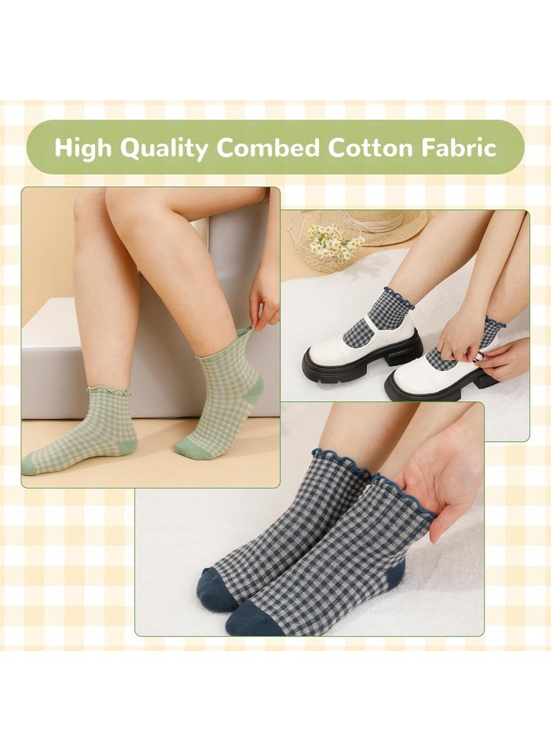 SOLARAE Women's Ruffle Socks, Ruffled Ankle Socks, 6 Pairs Checkered Crew Socks, Athletic Crew Socks for Women, Soft Cotton Knit (Size 5-9, Multi-Color) - Image 3