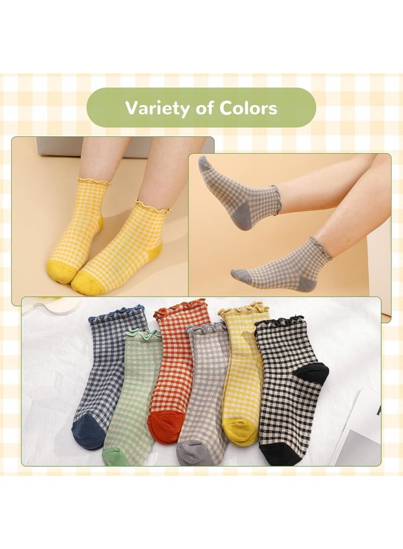 SOLARAE Women's Ruffle Socks, Ruffled Ankle Socks, 6 Pairs Checkered Crew Socks, Athletic Crew Socks for Women, Soft Cotton Knit (Size 5-9, Multi-Color) - Image 2