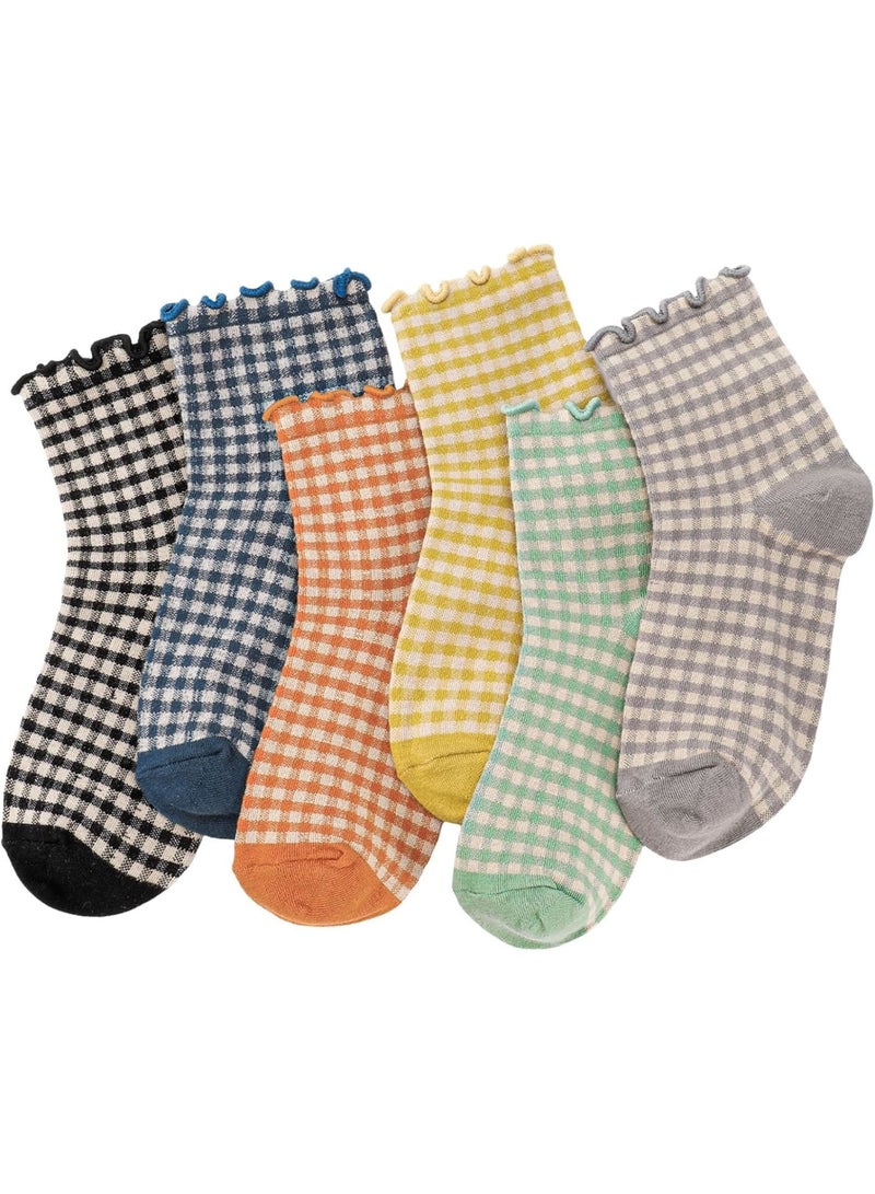 SOLARAE Women's Ruffle Socks, Ruffled Ankle Socks, 6 Pairs Checkered Crew Socks, Athletic Crew Socks for Women, Soft Cotton Knit (Size 5-9, Multi-Color) - Image 1