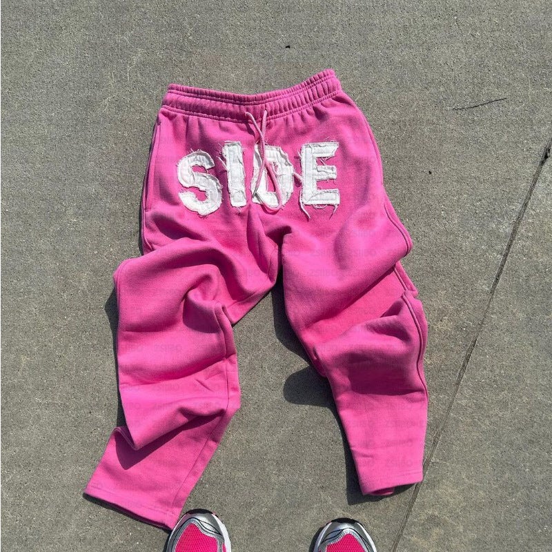 Autumn Winter Unisex Hoodie Zip-Up Letter Patch Sweatshirt rose red pants