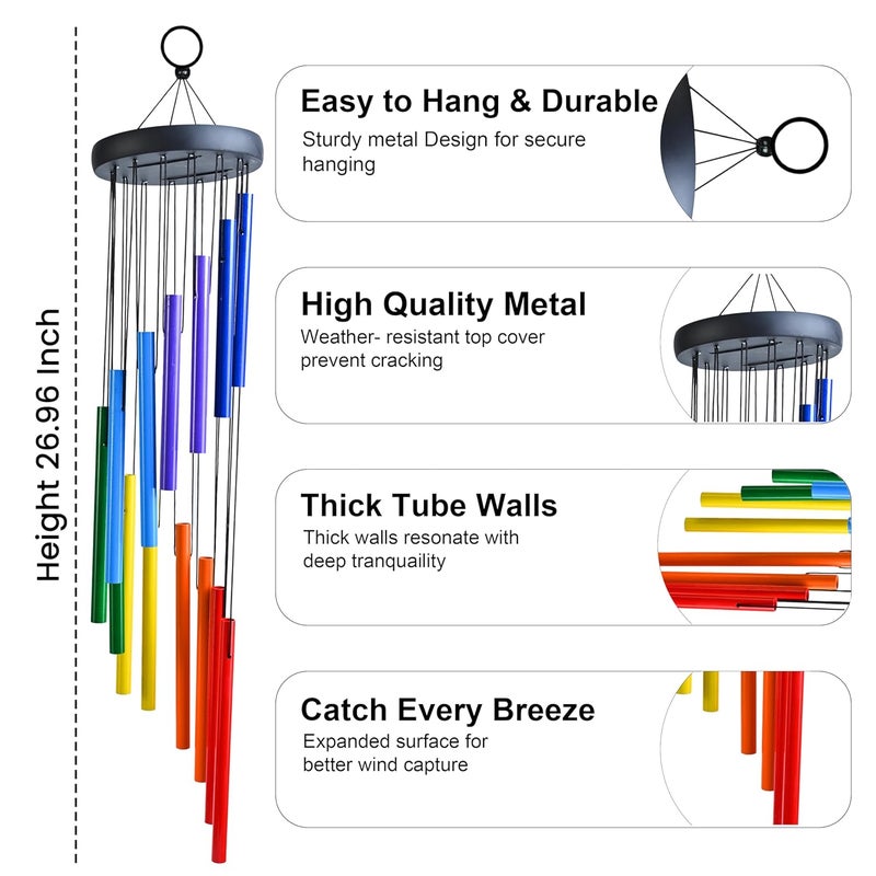 ZAICUS 27 Inch Metal Wind Chimes – Vibrant Multicolor Hanging Windchime for Garden, Patio, Balcony, and Home Décor - Image 4