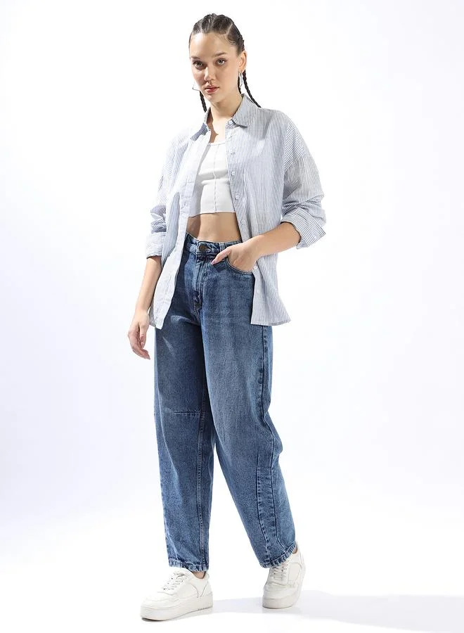 Women Balloon Fit High-Rise Light Fade Cotton Jeans