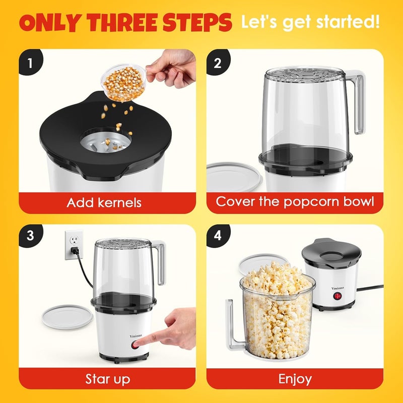 Vminno Quick & Easy Hot Air Popcorn Popper Maker with Built-In Serving Bowl, 2 Quarts, Etl Certified, No Oil Popcorn Poppers for Home with On/Off Switch for Family Movie Nights, Parties - Image 5