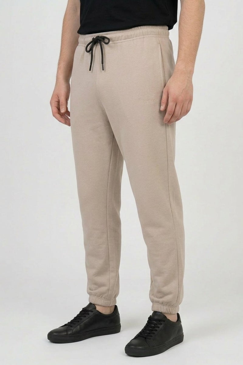 Algspar Men Regular Fit Embroidered Logo Jogger Pants, Beige - Image 3