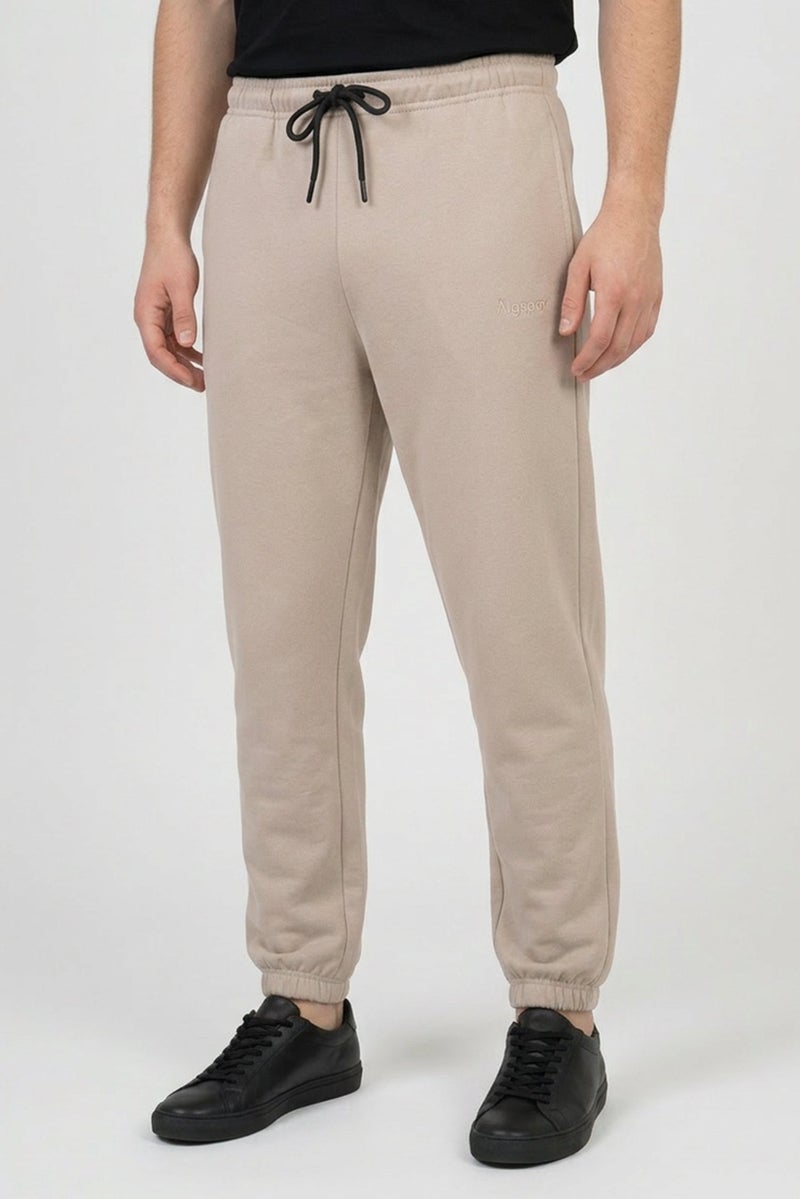 Algspar Men Regular Fit Embroidered Logo Jogger Pants, Beige - Image 1