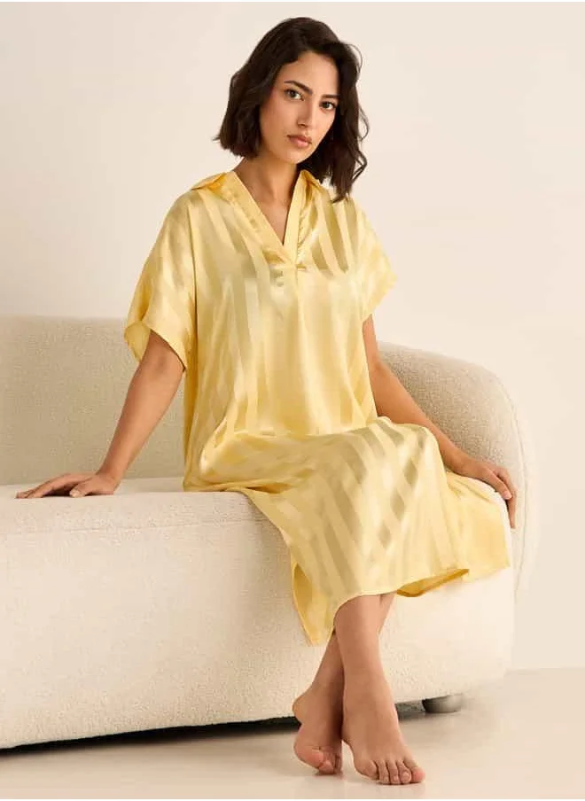 فاف Striped Jacquard Night Dress with Collar and Short Sleeves